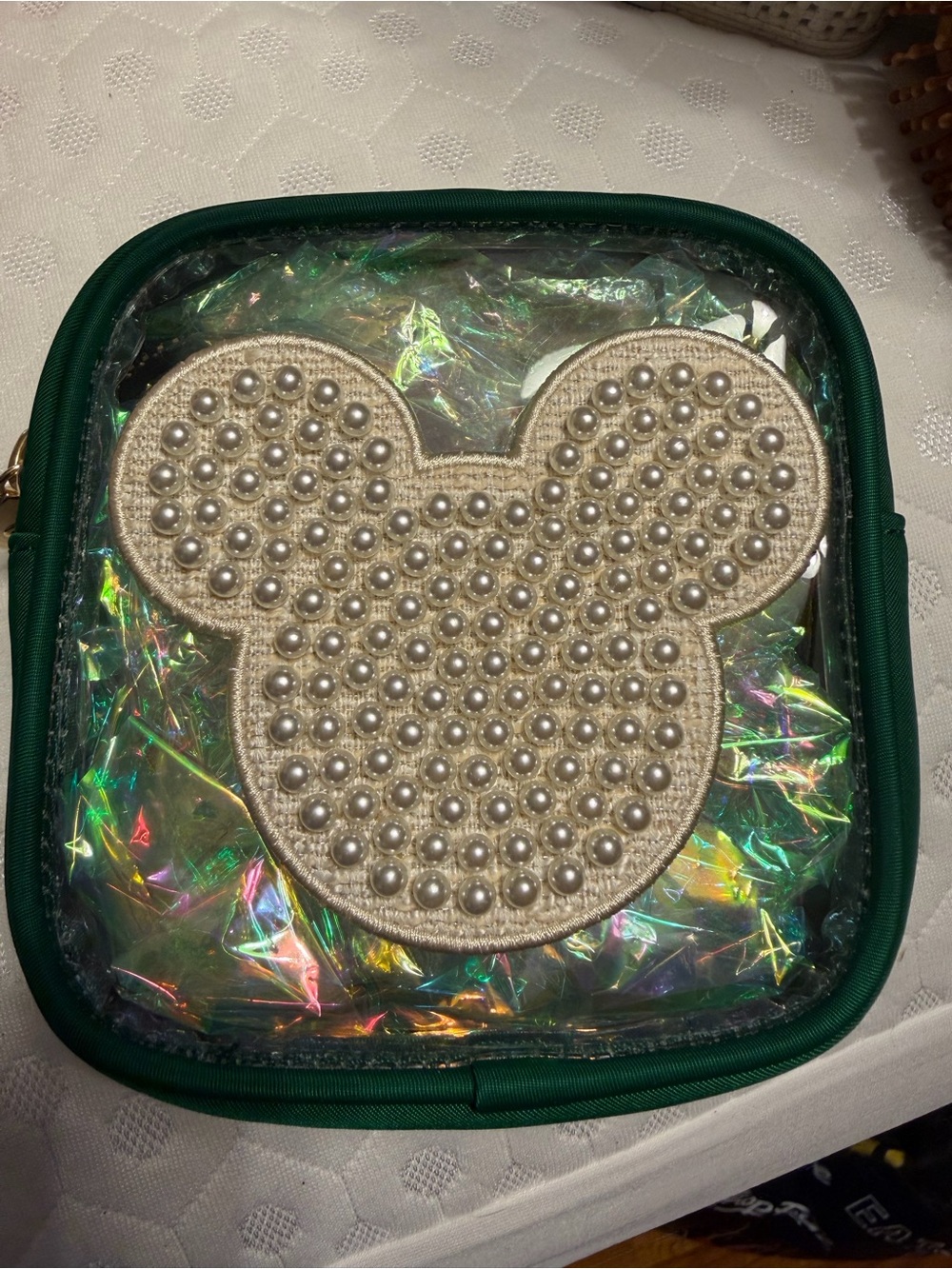 Stoney Clover Lane Green Trim Clear Crossbody with Pearl Mickey Patch
